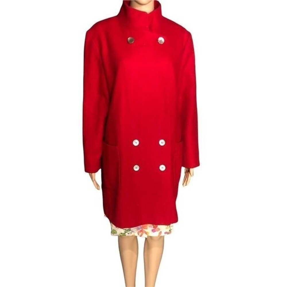 Vintage 80s Red Wool Mod Pea Mock Neck Mother of Pearl Button Beau Brem Coat USA - Picture 5 of 11